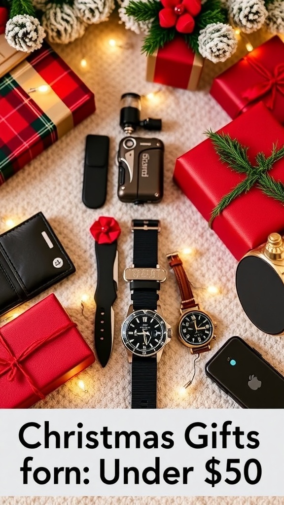 Flat lay of Christmas gifts for men, including a wallet, multi-tool, watch, and phone charger, in a festive setting.